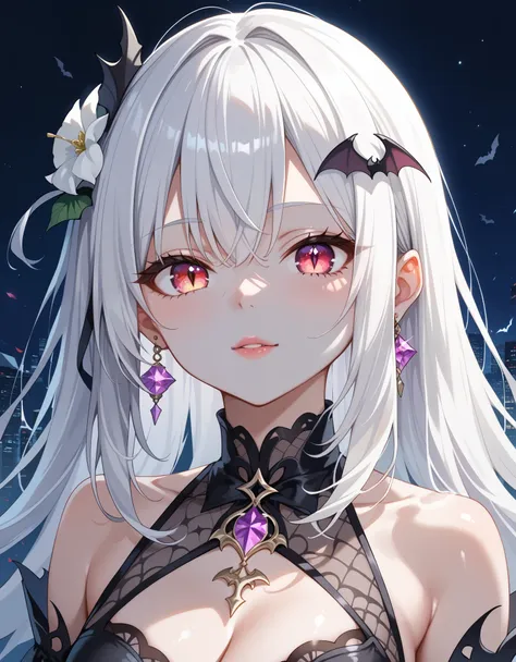 score_9, score_8_up, score_7_up, white hair ,grey skin ,eye contact ,bat_hair_ornament ,hitodama ,artificial eye