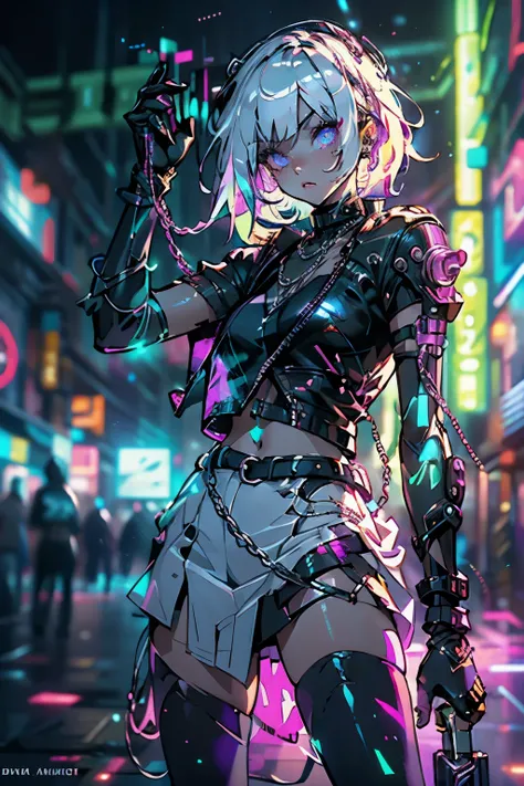 Android Girl,white hair,short and messy hair, purple neon eyes, Holding a chain whip,chains on the hands,  cute, skirt, white blouse, cyberpunk style, eletronic gloves, mecanic parts, eletronic details,living room background.HD lighting and dark )(epic ima...