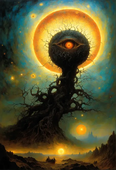 Mythical creatures, author： Dzislaw Beksinski and Vincent van Gogh, The Final Battle、universe、Azathoth、 black hole swallowing stars、world tree、eye