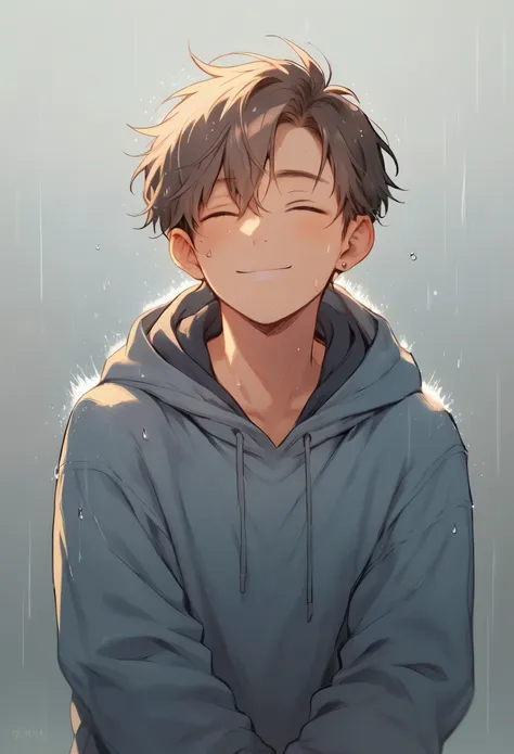 anime boy in a hoodie sitting in the rain, ele está smiling, [[[[smiling maliciosamente]]]],  smiling, but has a temper , shy li...