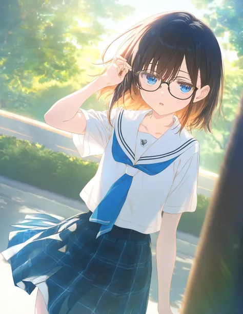 1girl, little female, school uniform, short hair, flat chest, glasses, jitome, open mouth, outdoors,wind, game CG break,((artist:shida_kazuhiro)),(artist:mitsumi_misato),(artist:fujiyama),,(masterpiece), (best quality), (ultra-detailed), very aesthetic, ne...