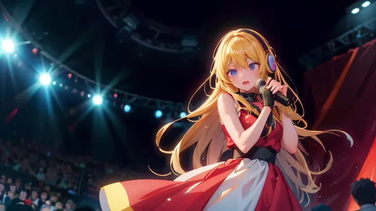 32K,Best Quality、High image quality、film quality、 male and female couples、a beautiful detailed vocaloid girl with long light white Brawn hair, singing on a futuristic concert stage, wearing high-tech headphones, microphone in hand, ultra-detailed, 8k, phot...