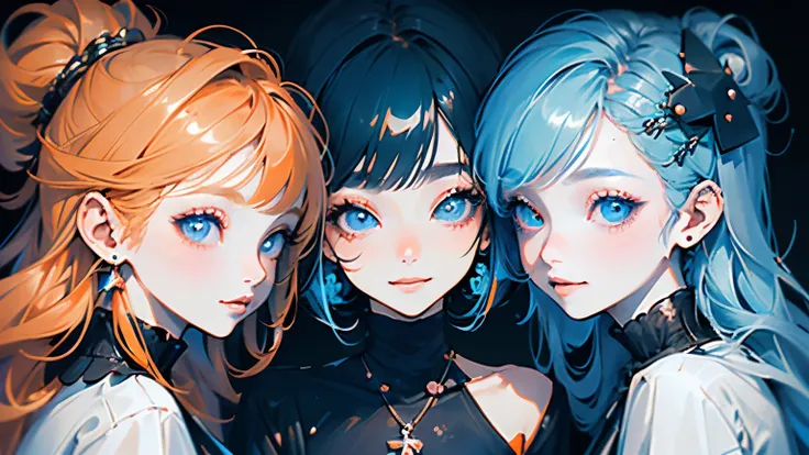 High quality,4K,detail,((3girls)), happy smile ,( The first one is a woman with medium orange hair ),( and the second one is a woman with long sky blue hair),(The third person is a woman with black bob hair ),Relatives and friends,anime,Kawaii,Pop,portrait...