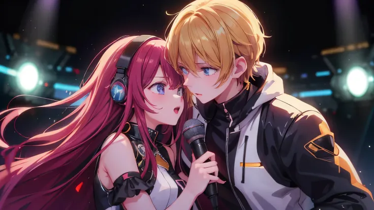 32K,Best Quality、High image quality、film quality、 male and female couples、a beautiful detailed vocaloid girl with long light white Brawn hair, singing on a futuristic concert stage, wearing high-tech headphones, microphone in hand, ultra-detailed, 8k, phot...