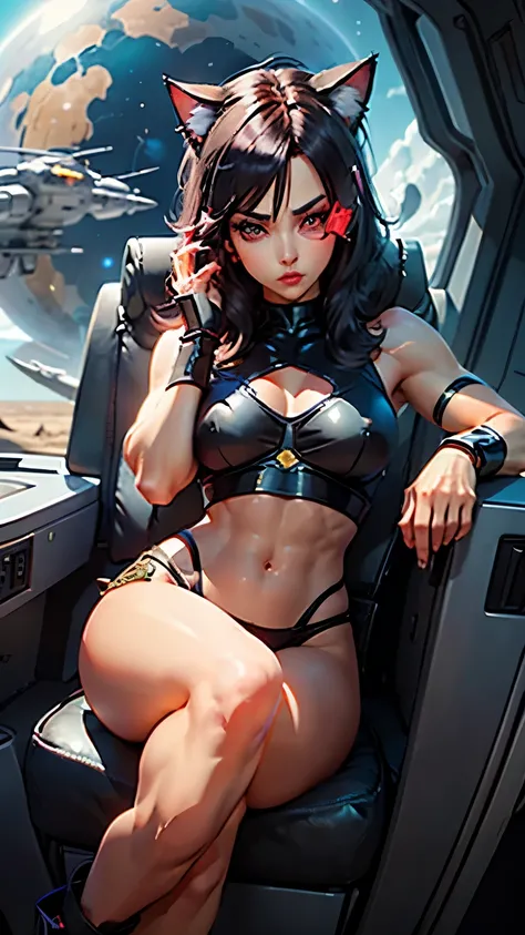  A black-haired girl with red eyes,  pointy hair  , cat ears, raising the right eyebrow, eyeliner,  Beautiful eyebrows , lip filler, eyelashes,  tinted sunglasses , Saiyan Scouter , saiyajin armadura,  muscular body,  frieza spaceship ,  takes full body,  ...