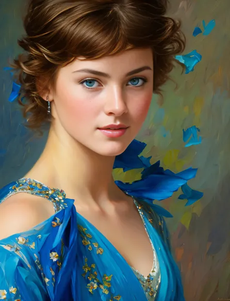 Oil on canvas
Portrait
Young woman
Andrey atroshenko style
Painting
Traditional media
Realistic
Figurative
Fine art
8K
HDR
High resolution
High detail 
Focus on face
Brunette Wavy pixie haircut
Bright blue eyes
Olive skin