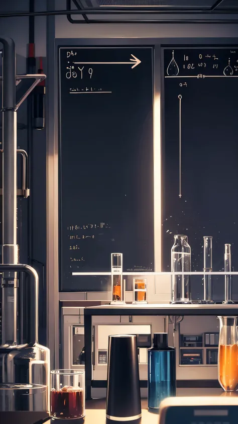 Science Lab ,dark,Midnight,flask, with physics-related numbers written on the whiteboard,