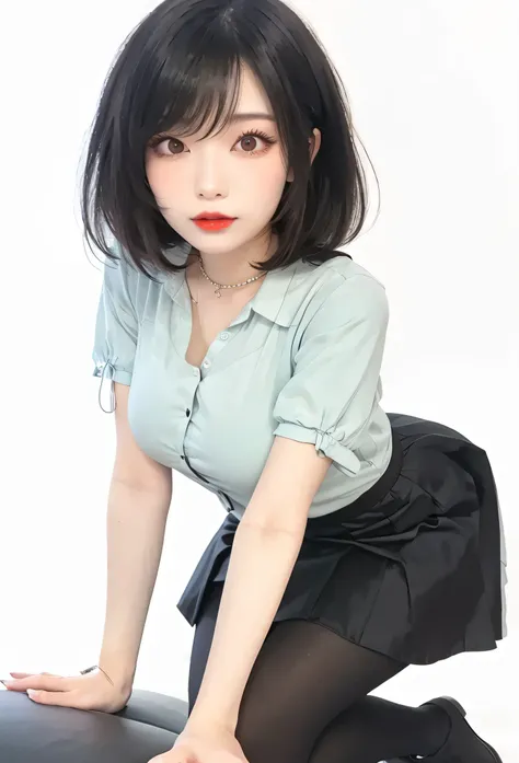 Ultra-detailed、Hanfu Chinese female celebrity wearing a tight white blouse and black pleaded skirt, black pantyhose, red lips, silky black hair, attractive beauty, long black eyelashes, seductive young skinny woman、pretty thin woman、piercing eyes、cool girl...