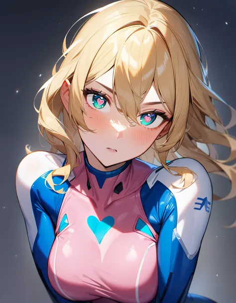  1 girl, Samus Alan,Alone,green eyes, blonde hair,Zero Suit,pink bodysuit,,Heart-shaped pupil,Heart shaped eyes,science fiction,Super detailed, sharp concentration,Midea,(Best Quality)