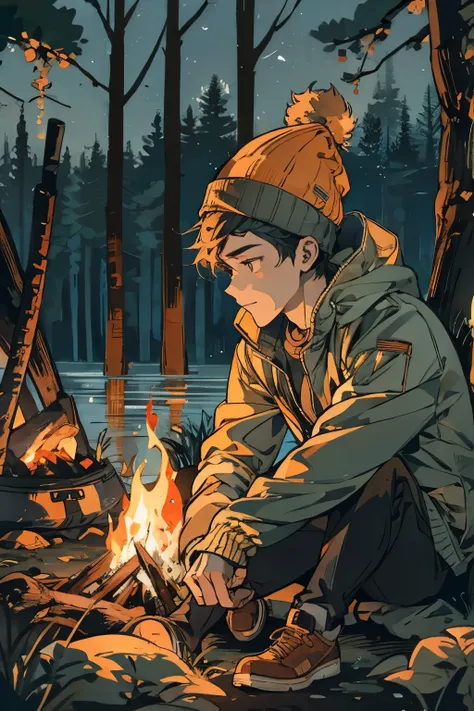 An illustration of a young man sitting around a campfire, wearing an outdoor jacket and beanie, with a warm expression as he gazes into the fire. The scene is set in a forest or lakeside with a tent in the background, creating a cozy and adventurous atmosp...