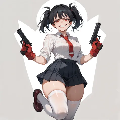 1girl, solo, short black hair, two pigtails, red eyes, medium breasts, wide hips, thighs, white buttoned shirt, red tie, black pleated skirt, white thigh high socks, red gloves, holding two guns, smirk, smug, crazy look, standing, full body, looking at vie...