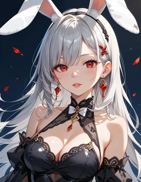 score_9, score_8_up, score_7_up, source_anime, solo, 1girl, silver hair, rabbit ears, red eyes, black dress