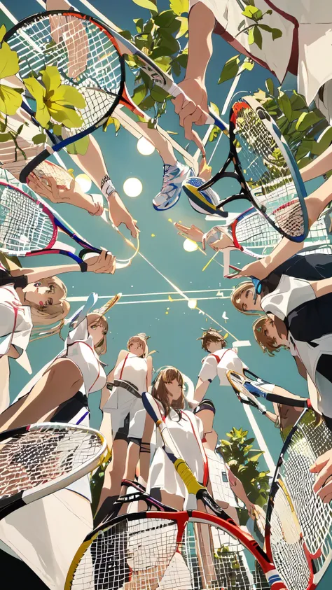 Group of people holding tennis rackets in a circle, badminton, Coming soon, Contest won , Trial, Photographed in 2 0 2 0, author：Caroline Mytinger, Light from below, By Mattia Jama, Shot with iPhone 1 3 Pro Max, Realistic racket, photo Photographed in 2 0 ...