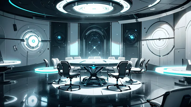 ((monochrome)), a futuristic monochrome room, minimalist interior, ((a monitor that covers the entire wall)), holographic machinery, (circular table with 13 chairs:1.8), command center, science fiction, stylish, cinematic, dramatic lighting, sleek and mode...