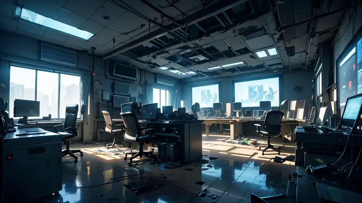 a destroyed control room, multiple large computers, holographic windows, many monitors, signs of human destruction, broken servers

(best quality,4k,8k,highres,masterpiece:1.2),ultra-detailed,(realistic,photorealistic,photo-realistic:1.37),intricate interi...