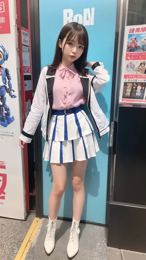 Costume like a idol, blue and white half sleeve Jacket, pink satin ruffled blouse, White and pink stripe pleated skirt, white lace up boots