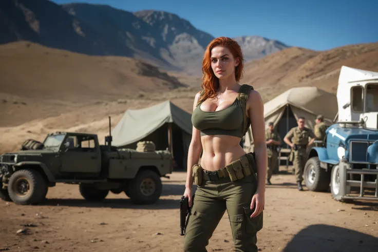 high quality picture, 8k portrayal, 30yo redhead woman, long messy hair, dressed with military tactical apparel, ((highly detailed)), (cleavage breasts), plunging neckline, ((big round breasts)), detailed angry face, (intricate details), holding AR 15 assa...