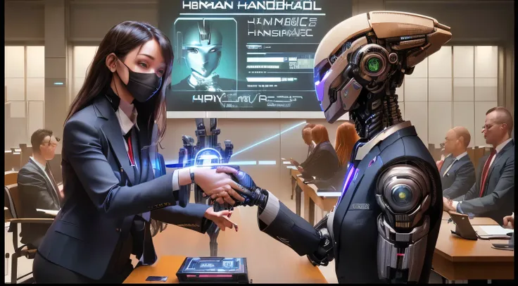 there is a woman in a suit shaking hands with a humanoid, depicted as a scifi scene, corporate holograms, human, endless collaboration with ai, transhuman, friendly humanoid robot, friendly humanoid cyber robot, bionic arms and eyes, woman and robot, intri...