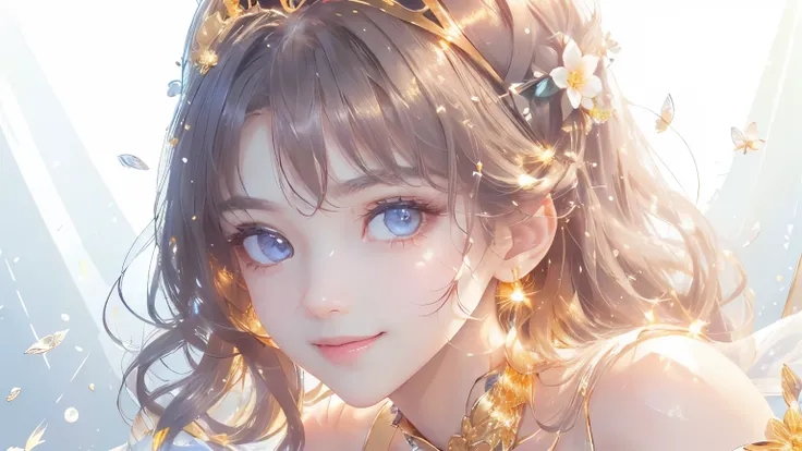 (masterpiece、Best Quality、Best Quality、 beautiful and beautiful :1.2)、(Good anatomy:1.5)、 focus on eyes 、Picture of a girl with milk-colored hair 、 Golden Princess Costume、Jewelry Tiara,Adorable smile、 camera 、Diffuse reflection of light、Gold Flower,Silver...