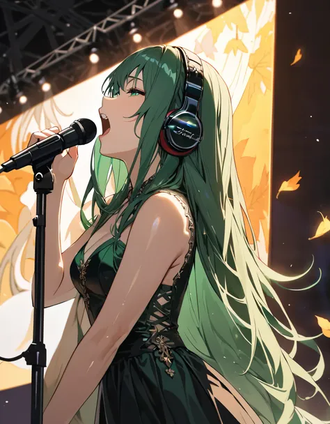 (masterpiece),(absurdres),(ultra detailed),(8k),(beautiful detailed),(solo lady),(21-year-old),(shiny dark green hair),(dark green eyes),(straight long hair),break,(small breast),(Neat costume),half-closed eyes,shouting:0.9,(singer singing),(stage glow-lig...