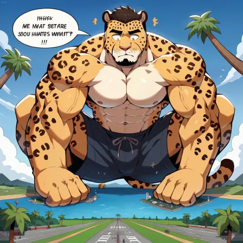 confused jaguar face,Humanity  (Jaguar),pummelig, bigger muscles ,  Muscular arms, (  black eyebrows  :1.1),(perfect eyes)， Does a swimming trunks  ,（artist:takemoto arashi)，paw，Liegend am strand, sits in the water（  Black beard  :1.3），（Swimming trunks :1....