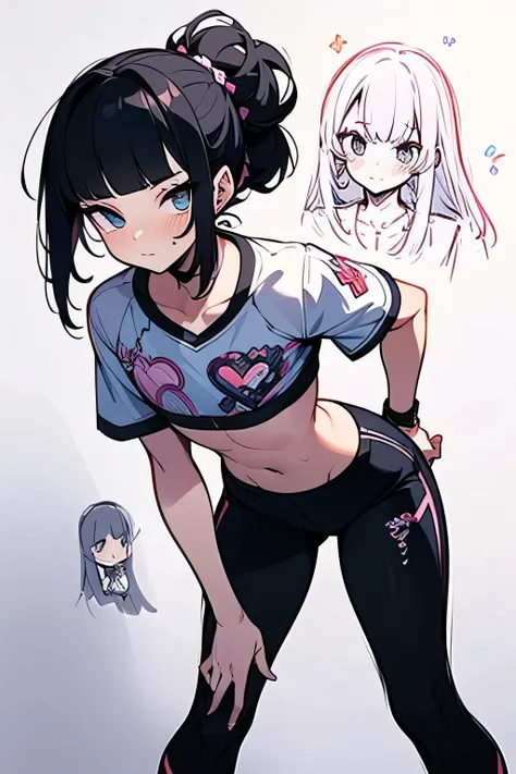 chibi,(leaning forward:1.3),16years old,closed up cute face,black color chignon hair,(blunt bangs), very short sideburn,tsurime,black eyeshadow,makeup,cutesports bra,sports leggings, loose socks,((Enchanting chest:1.3)),(good sexy model pose),(manga style)...