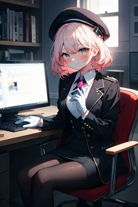 Girl smiling, sitting, building background , building background (office), complete anatomy, graphic effects, first person, Black suit jacket, jacket with collar, White Dress Shirt, White gloves , black pantyhose , collared shirt , neckline, button, c...
