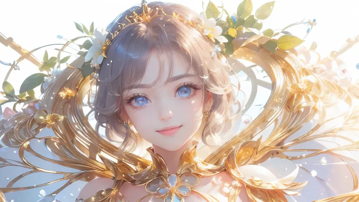 (masterpiece、Best Quality、Best Quality、 beautiful and beautiful :1.2)、(Good anatomy:1.5)、 focus on eyes 、Picture of a girl with milk-colored hair 、 Golden Princess Costume、Jewelry Tiara，Adorable smile、 camera 、Diffuse reflection of light、Gold Flower，Silver...