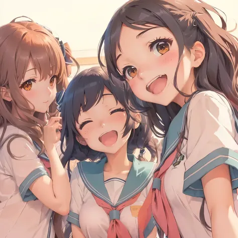 Anime girls with long hair and school uniforms posing for a picture,  Kantai Collection Style , Anime girls, [ INCIDENTAL NUDE SELFIE , in style of   Kyoto Animation , Kantai Collection,   Kyoto Animation , Anime!!!!!!!!!!!!!!!, Nagatoro ,  hololive , Rail...