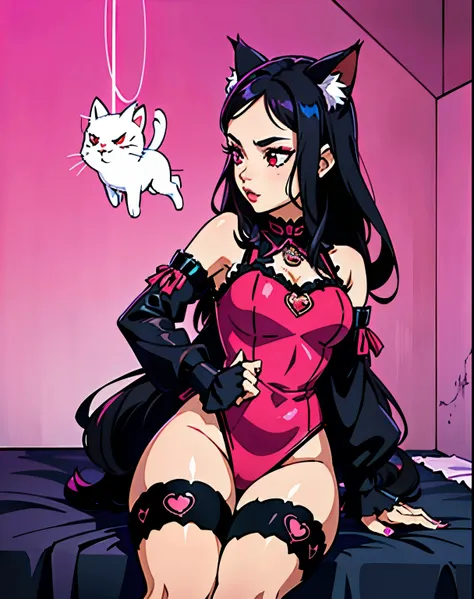 woman with the (( black hair, fringe, cat ears, red eyes)), (cat ears, black hair, red eyes),  in black dress posing in pink room with pink lighting, ava max, belle delphine, Pink Vibration, dramatic pink light , anime vibes,  in her room , rosa and black,...