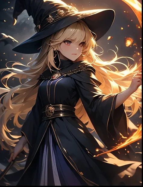 （（（ＳＦＷ、Precision、Highest quality、A first-class masterpiece、Normal body、8k、  Detailed Face 、Ultra-precision、 Normal hand、５refer to、Highest）））、Witch、Witch（Puyo Puyo）、adult、 Blonde Long Hair、 Mage Robe、Mage Hat 