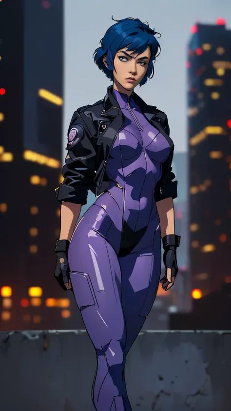 (A woman),(Motoko Kusanagi:1.5),(((Special forces women standing:1.5))),((White Tactical High Leg Bodysuit:1.5)),((Black jacket:1.5)),(Black Gloves:1.5),(serious:1.5),(short hair:1.5),(((Blue Hair:1.5))),(beautiful eyes:1.3),(Very detailedな顔:1.5),((Very de...