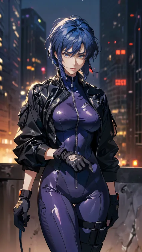 (A woman),(Motoko Kusanagi:1.5),(((Special forces women standing:1.5))),((White Tactical High Leg Bodysuit:1.5)),((Black jacket:1.5)),(Black Gloves:1.5),(serious:1.5),(short hair:1.5),(((Blue Hair:1.5))),(beautiful eyes:1.3),(Very detailedな顔:1.5),((Very de...
