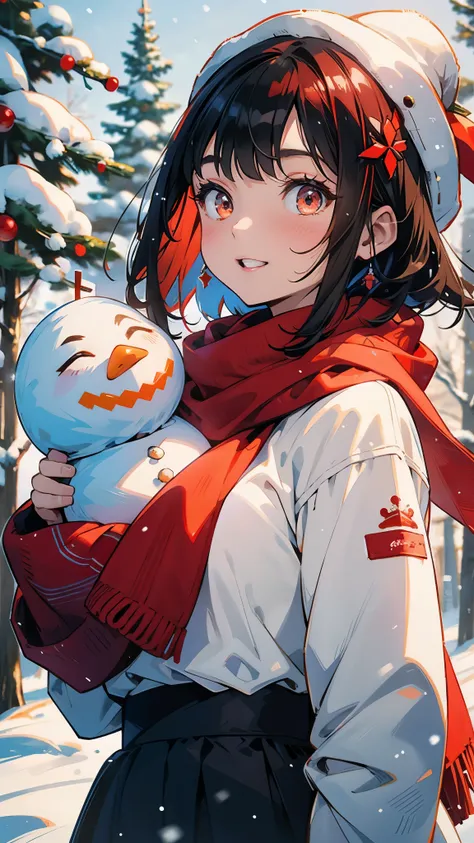  making a snowman in a snowy landscape。 wearing a red coat and black skirt 。 dark blue hair 、 short hair、 jet black brown eyes 、 orange hair ornament 、 Upper Body Closeup 。 this is an illustration of a girl wearing a scarf and hat on a snowman 、They are la...