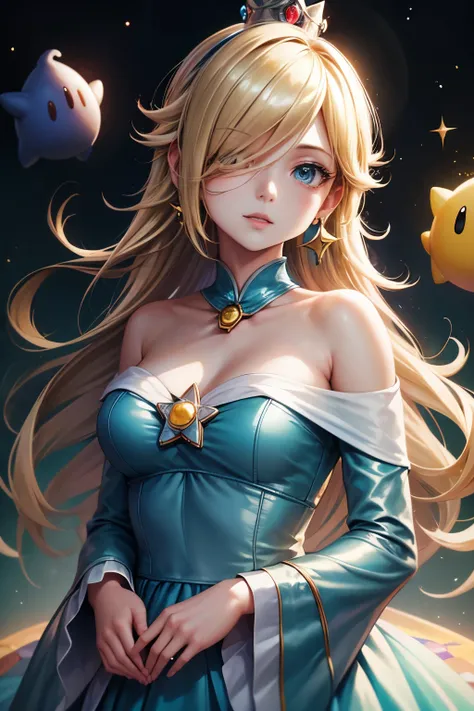 (8k, raw photo, masterpiece, extremely detailed, best quality, professional lighting, high res), BREAK beautiful and adorable girl, rosalina, luma, crown, blue dress, space, galaxy