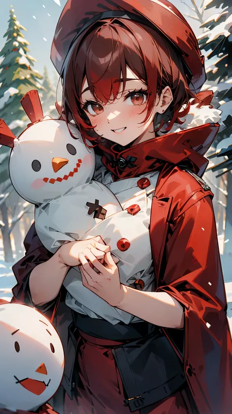  making a snowman in a snowy landscape。((red coat and red skirt :1.5))。 dark blue hair 、 short hair、 jet black brown eyes 、 orange hair ornament 、 Upper Body Closeup 。 wearing a scarf and red hat on a snowman、They are laughing happily.。White snow and trees...