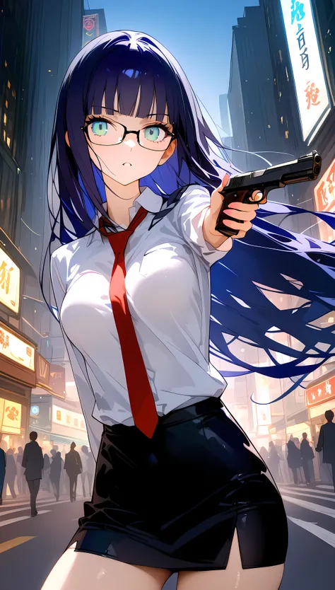 (highest quality,8k, 4K,masterpiece:1.2,Best aesthetic s)),on street, downtown at night、neon、Shinjuku,cowboy shot,1woman,(adult),Female criminal,straight long hair,dark blue hair, (very small head:1.2),blunt bangs,(gorgeous eyes),gray eyes,(Black-rimmed gl...