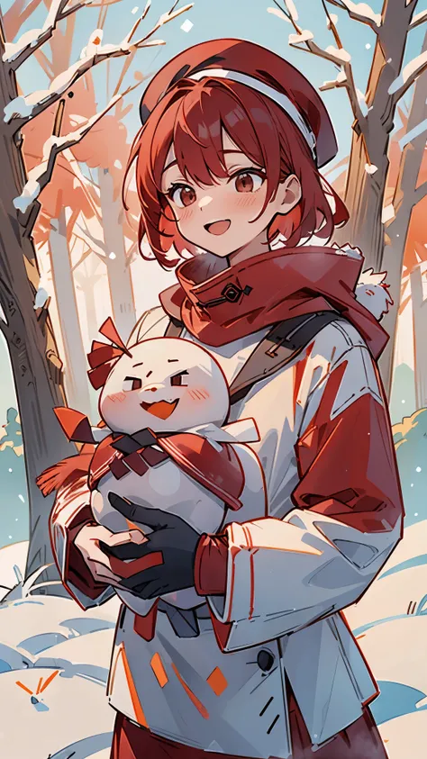  making a snowman in a snowy landscape。((red coat and red skirt :1.5))。 dark blue hair 、 short hair、 jet black brown eyes 、 orange hair ornament 、 Upper Body Closeup 。 wearing a scarf and red hat on a snowman、They are laughing happily.。White snow and trees...