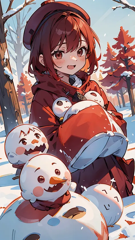  making a snowman in a snowy landscape。((red coat and red skirt :1.5))。 dark blue hair 、 short hair、 jet black brown eyes 、 orange hair ornament 、 Upper Body Closeup 。 wearing a scarf and red hat on a snowman、They are laughing happily.。White snow and trees...