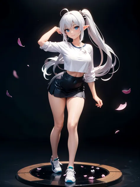 realistic image, detailed image, coherent image, 1 beautiful elf, she has very long hair, white hair, light blue eyes, smiling expression. She is wearing a long-sleeved t-shirt, showing her navel, a pleated miniskirt, sneakers, She has a curvy body, medium...