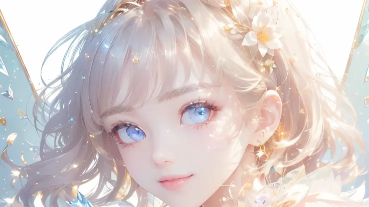 (masterpiece、Best Quality、Best Quality、 beautiful and beautiful :1.2)、(Good anatomy:1.5)、 focus on eyes 、Picture of a girl with milk-colored hair 、crystal clear princess dress、Jewelry Tiara, beautiful smile、 camera 、Diffuse reflection of light、Gold Flower,...