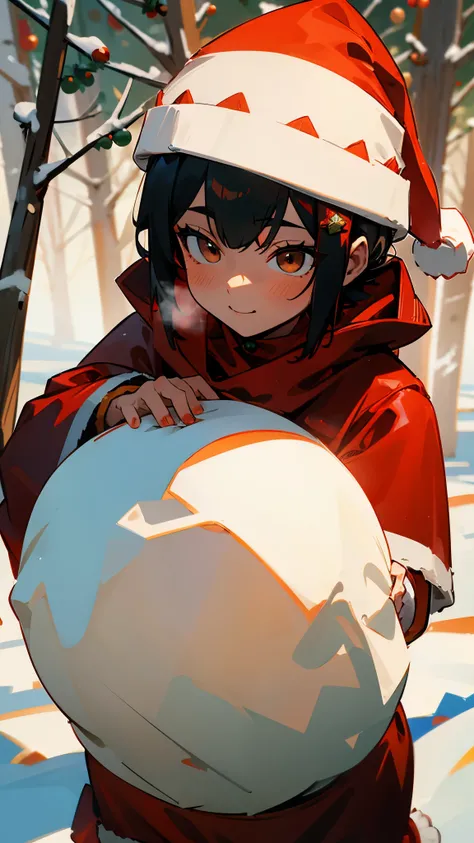  making a snowman in a snowy landscape。 dark blue hair 、 short hair、 jet black brown eyes 、 orange hair ornament 、 Upper Body Closeup 。((Santa Claus costume with red coat and red skirt:1.5))。scarf and red hat、fun、smile。White snow and trees on background々Th...