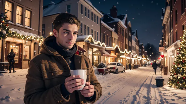 Snowy winter streets, falling snow, Christmas decorations, warm lighting, cozy atmosphere, detailed streetscape, one girl walking in warm coat, detailed facial features, peaceful, (Best Quality,4k,8k,High Resolution,Masterpiece:1. 2),Super Duplex,(Realisti...