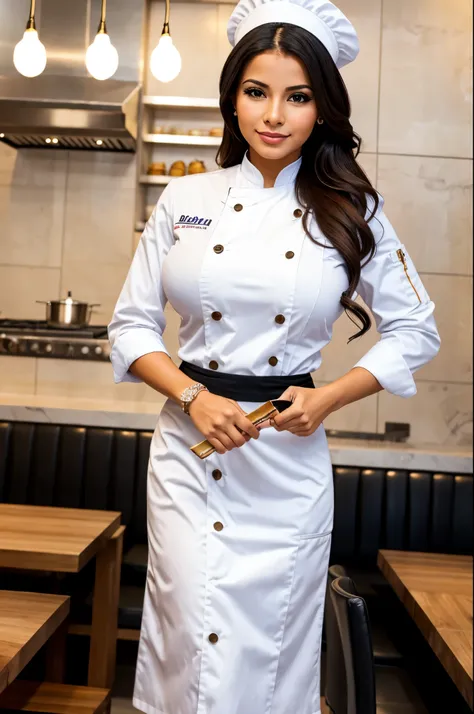 colombian woman, dressed like a chef, at a chic and modern restaurant  ((bimbostyle))