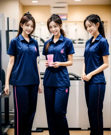 3 girls in fitness center, Navy blue short-sleeved shirt,Navy Long Trackpant,Sweatpants, Sweatpantsขายาว,25 year old girl, lesbian, sexy, exercise clothes, wet body, exercise clothes