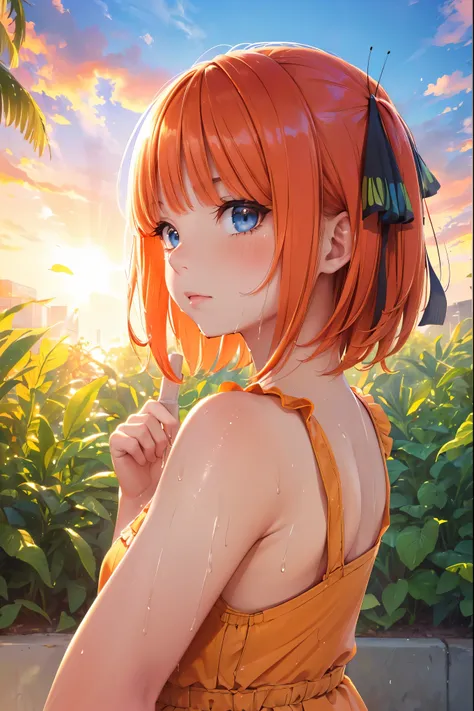 (a woman, park, sunny day, orange sundress, RAW, UHD, 8K, close up portrait:19.16, head, highly detailed face, stunning eyes,red short hair, back towards camera, wet clothes, vibrant colors, warm sunlight) ((muy escotada))