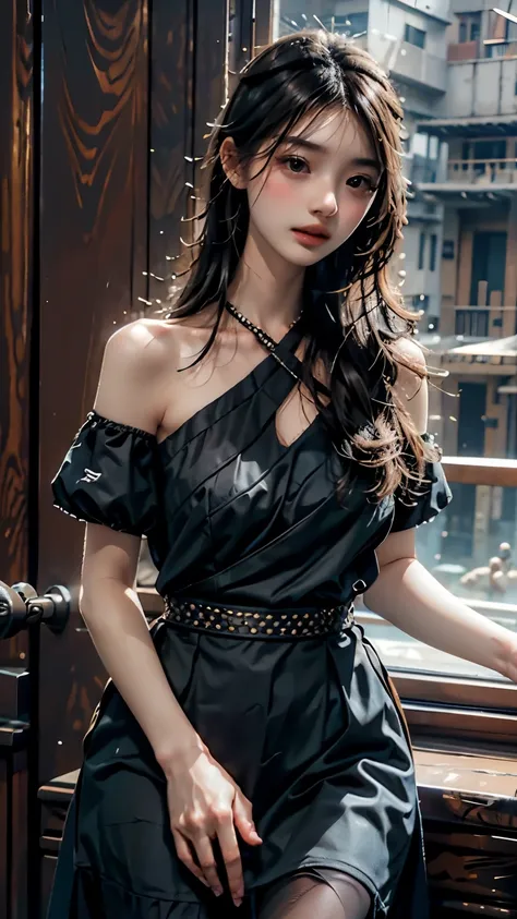 masterpiece, Best Quality, Super detailed, Illustration,  beautiful detailed eyes, Bold Pose,  1 girl,Faces with sex appeal, black dress studded with diamonds, Entrance to the villa, Position ,  face down 