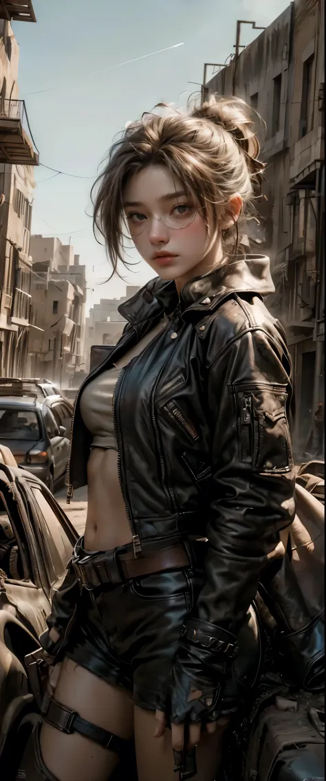 ((masterpiece, highest quality, Highest image quality, High resolution, photorealistic, Raw photo, 8K)), ((Extremely detailed CG unified 8k wallpaper)), Post-Apocalyptic Wasteland, The world of Mad Max, she wears a leather jacket over his bare skin and holds a shotgun, ((adderskin eye patch)), Collapsed buildings are being swallowed by the desert, Ruins hazed with dust and sand, 