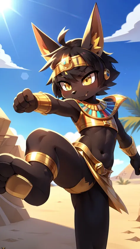 score_9,score_8_up,score_7_up, source_cartoon, source_furry, Anubis, Furry shota, jackal, black hair, short spiky hair, yellow eyes, detailed body fur, ((minuscule Egyptian antique clothes, cute sexy and almost naked, gold crop top armor, midriff, gold hea...