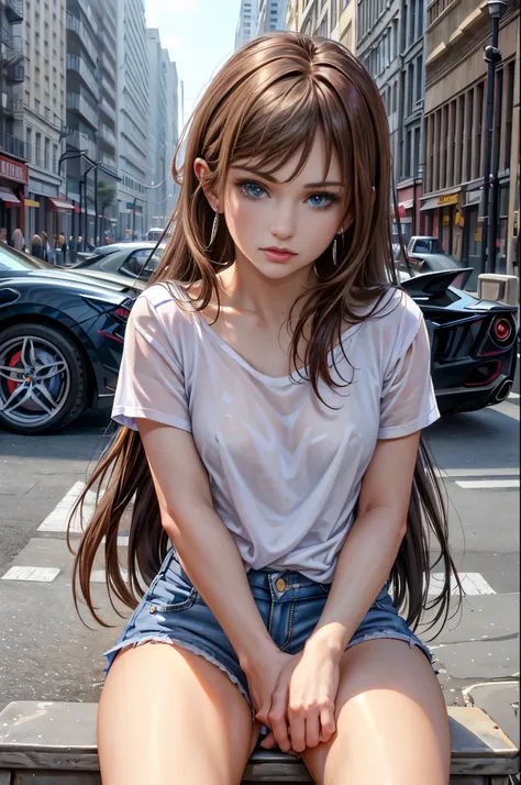 top quality, masterpiece, ultra high definition, (real: 1.4), original photo, (evening street), 1 girl, blue eyes, looking at th...